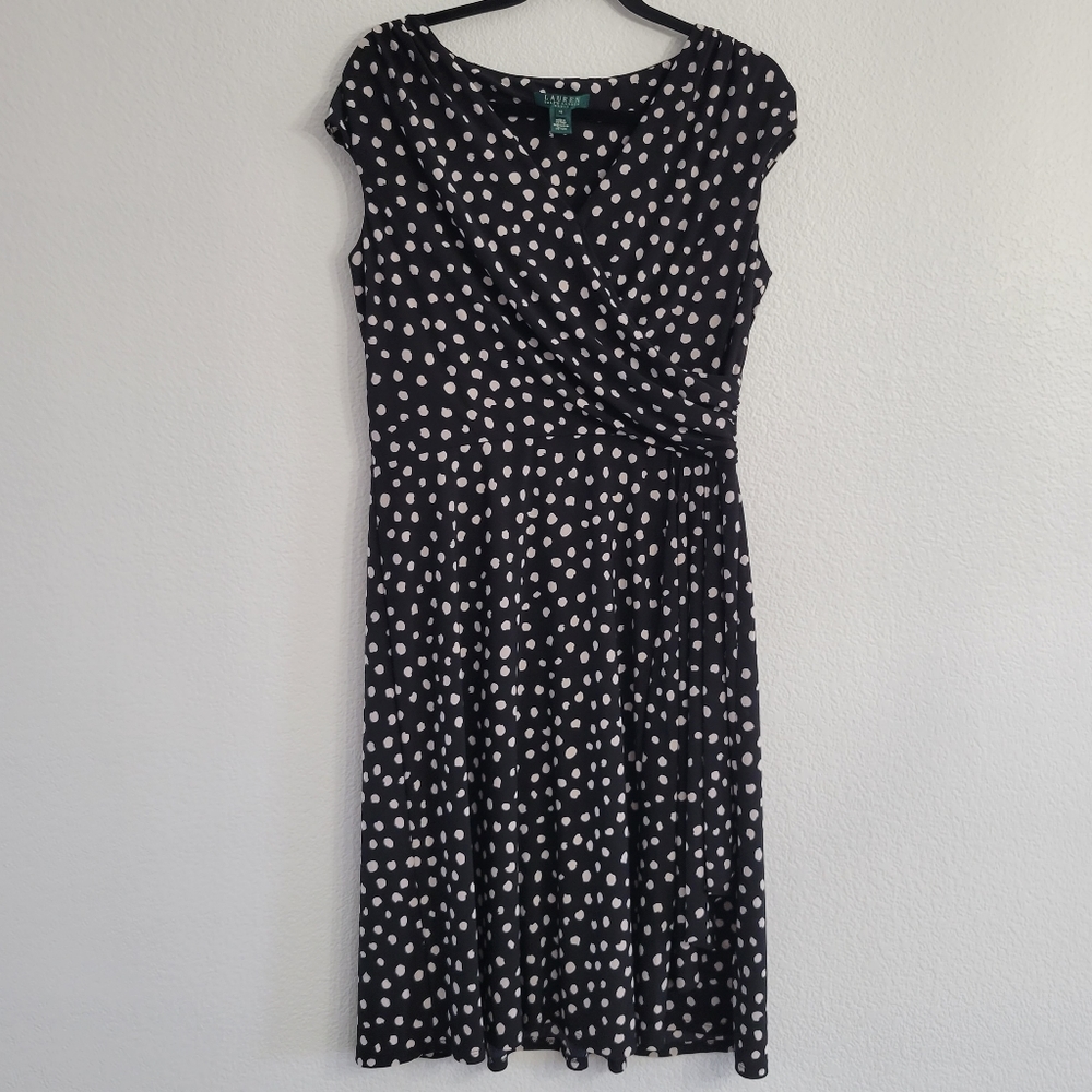 Lauren Ralph Lauren Women’s Polka Dot Dress Size 12 Faux Wrap Look Side Gather